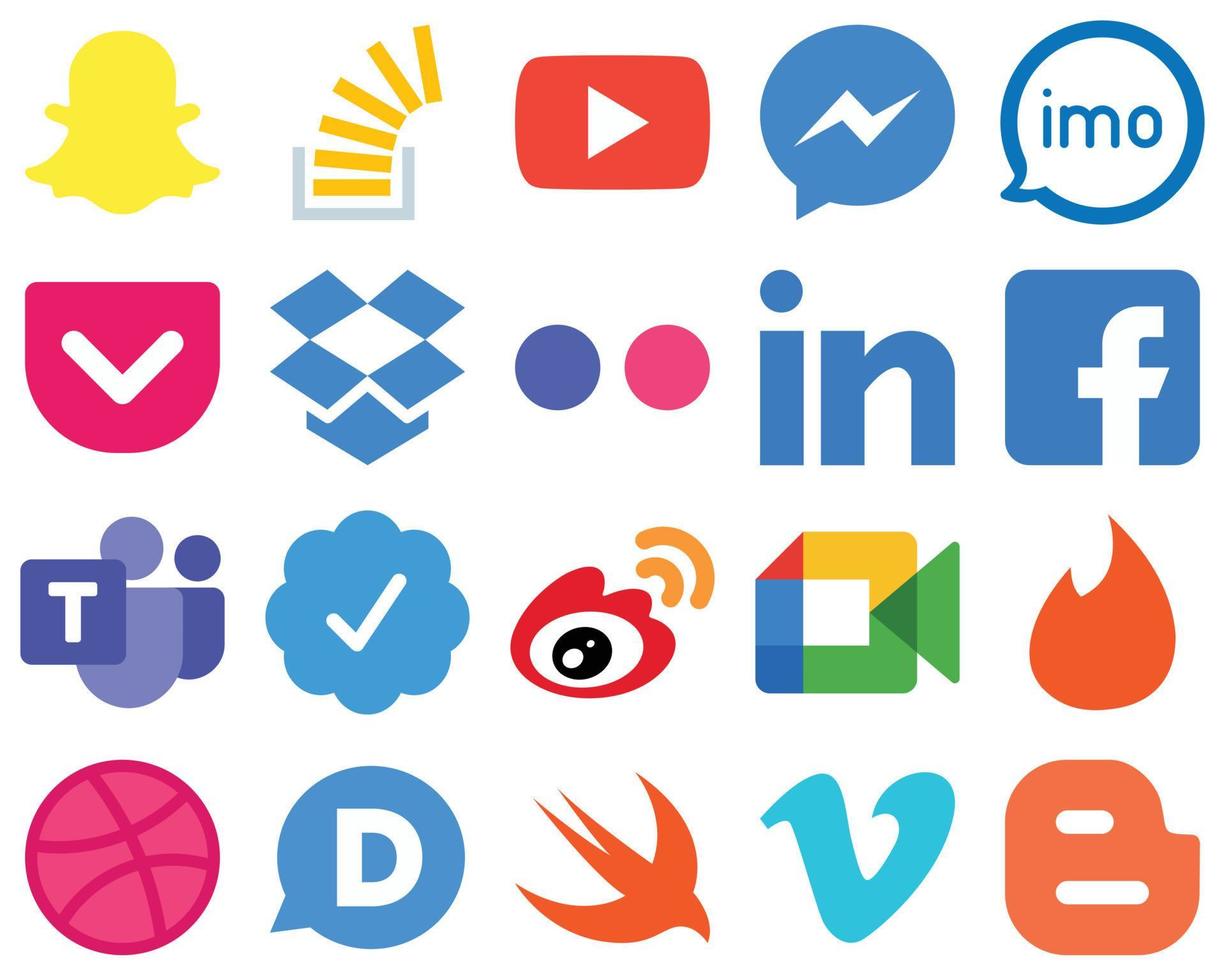 20 zeitgemäße und saubere flache Social-Media-Symbole Yahoo. Dropbox. Facebook. Taschen- und Videosymbole. Farbverlauf-Icon-Pack vektor