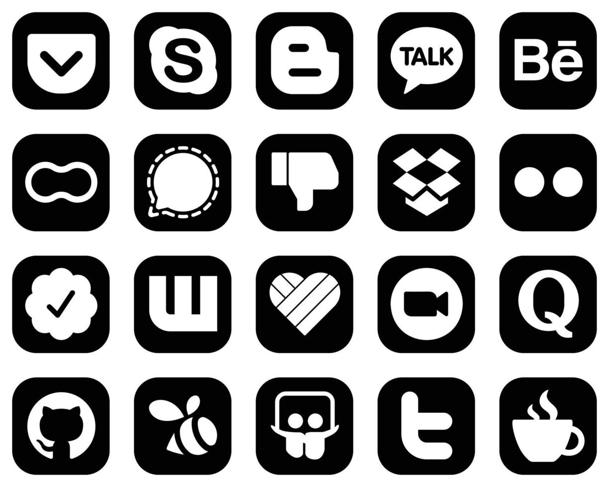 20 einfache weiße Social-Media-Symbole auf schwarzem Hintergrund wie Yahoo. Dropbox. Mütter und Facebook-Symbole. minimalistisch und professionell vektor