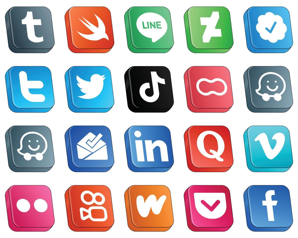 isometrisk 3d social media varumärke ikoner 20 packa sådan som linkedin. waze. douyin. kvinnor och jordnöt ikoner. fullt redigerbar och unik vektor