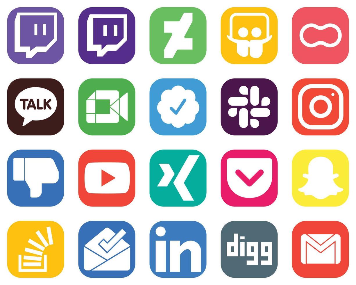 20 hochwertige Social-Media-Icons wie YouTube. nicht gefallen. Video- und Instagram-Symbole. Farbverlauf-Social-Media-Icon-Set vektor