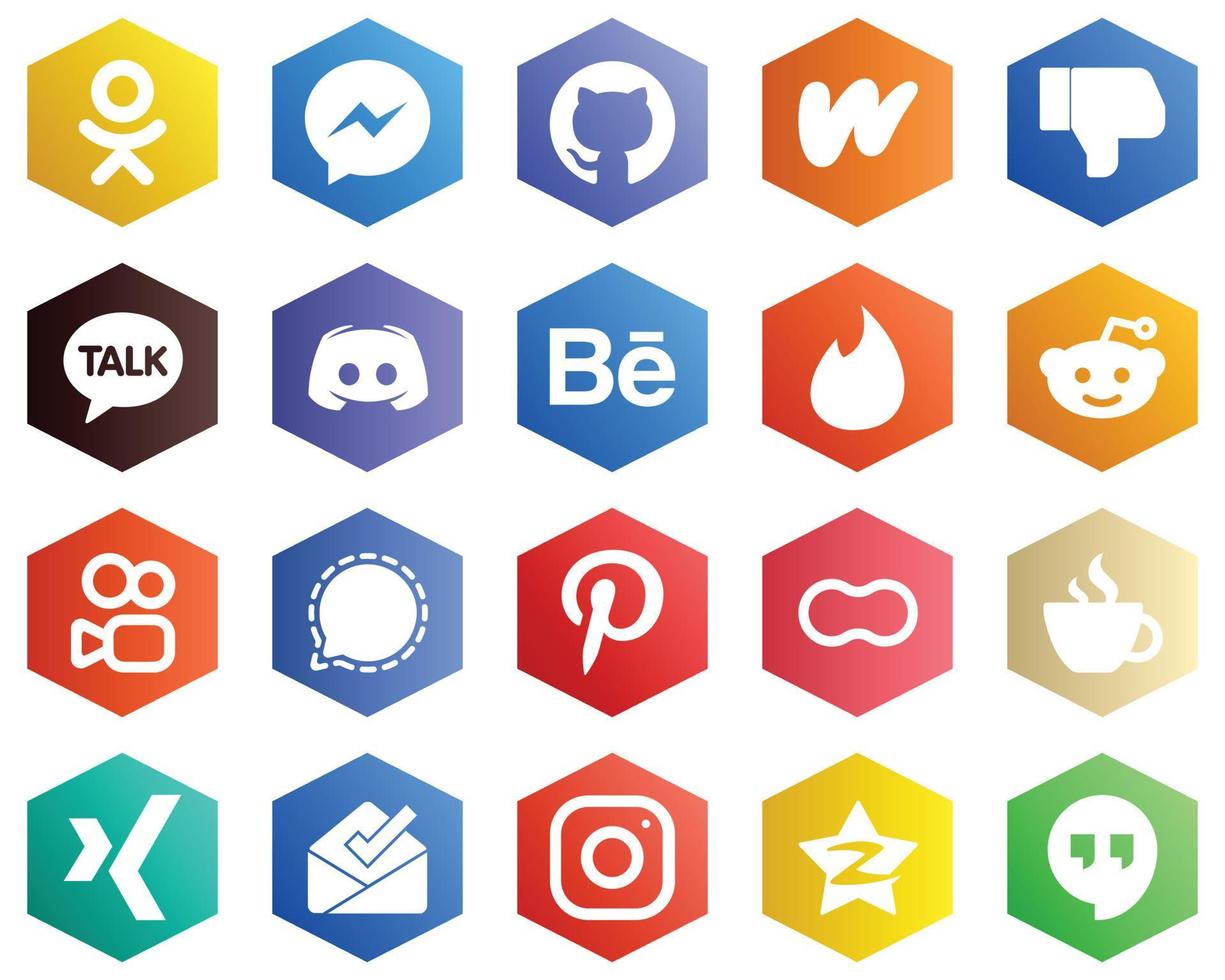 Hexagon flache Farbe weißer Icon-Set wie Kuaishou. Tinder. Facebook. Behance- und Textsymbole. 25 professionelle Symbole vektor