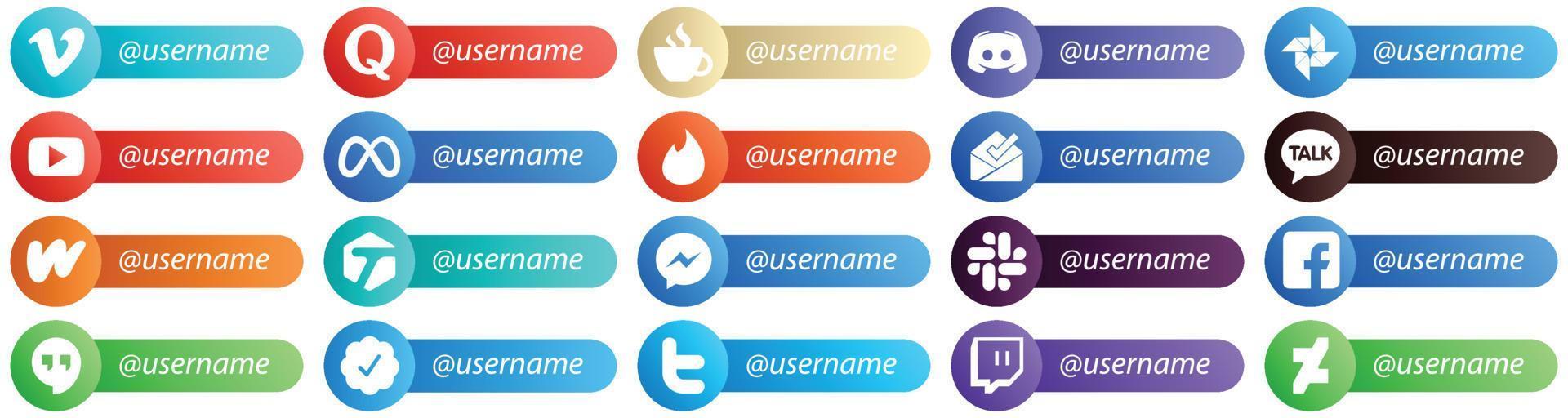 20 Följ mig social nätverk plattform ikoner med Användarnamn sådan som inkorg. Facebook. meddelande. meta och Youtube ikoner. fullt anpassningsbar och professionell vektor