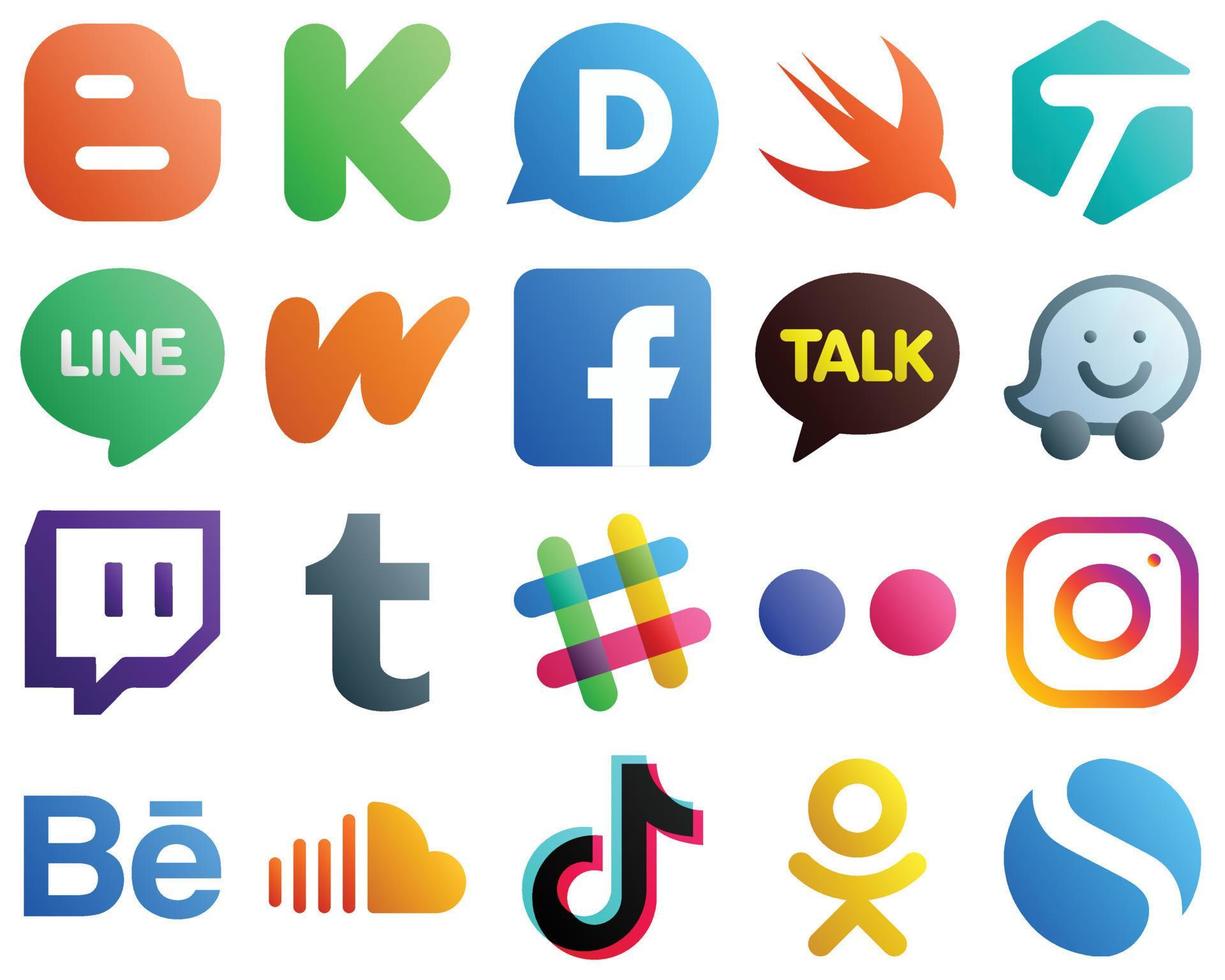 Gradient Social Media Icon Set 20 Icons wie Spotify. zucken. Wattpad- und Waze-Symbole. elegant und hochauflösend vektor