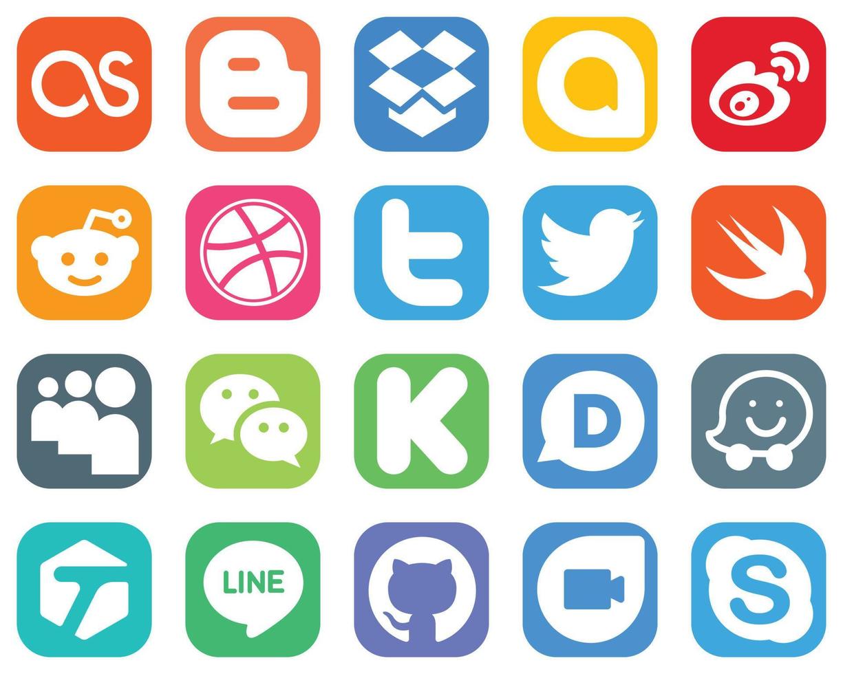 20 beliebte Social-Media-Symbole wie Kickstarter. wechat. myspace- und tweet-symbole. Sammlung von Verlaufssymbolen vektor