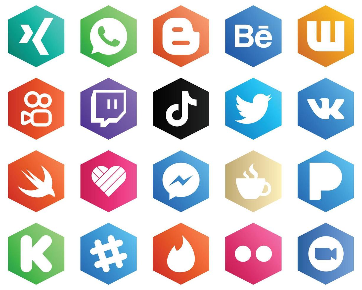 Hexagon flache Farbe weiße Icon-Sammlung wie likee. vk. Tiktok- und Tweet-Symbole. 25 einfache Symbole vektor