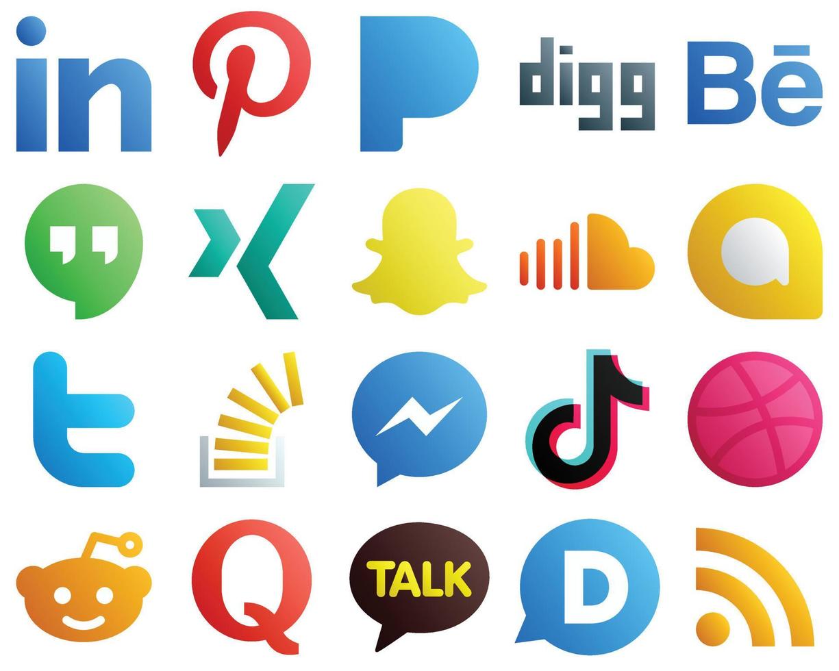 Gradient Social Media Brand Icon Set 20 Symbole wie Aktien. Lagerüberlauf. snapchat. Tweet- und Google Allo-Symbole. hochauflösend und editierbar vektor