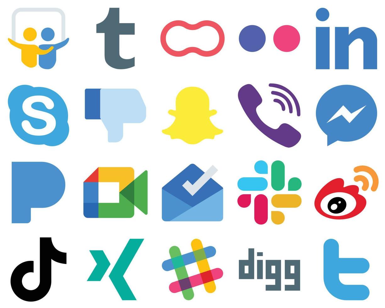 20 samtida och rena platt social media ikoner budbärare. rakuten. professionell. viber och Facebook ikoner. lutning ikon packa vektor