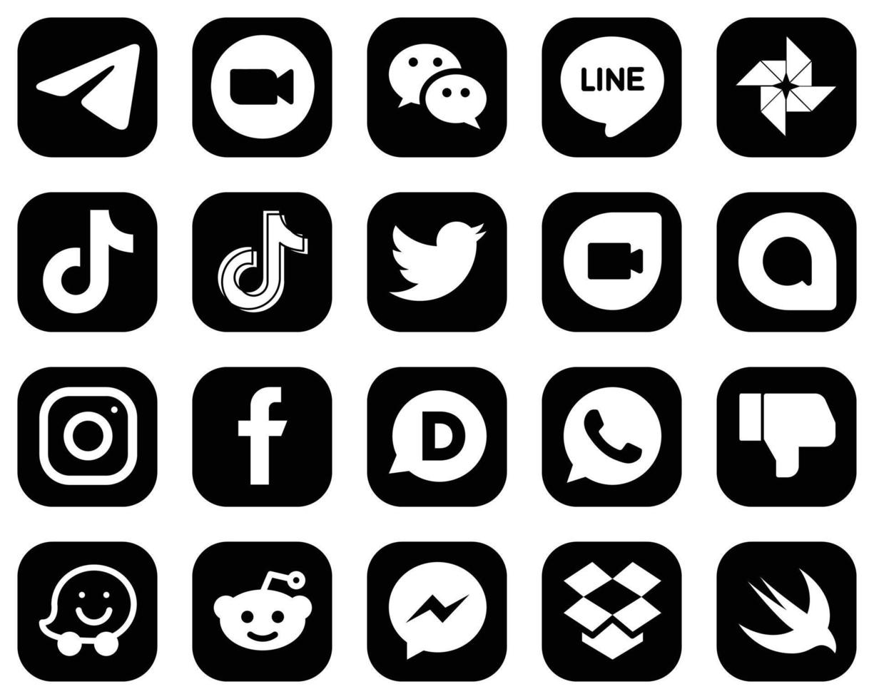 20 eleganta vit social media ikoner på svart bakgrund sådan som tweeta. budbärare. Kina och douyin ikoner. modern och hög kvalitet vektor
