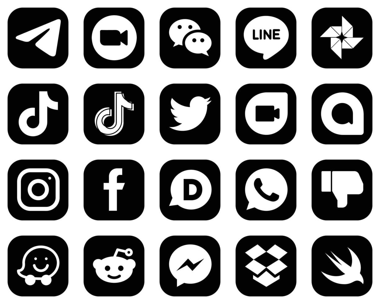 20 stilvolle weiße Social-Media-Symbole auf schwarzem Hintergrund wie z. B. Tweet. Bote. Porzellan- und Douyin-Ikonen. modern und hochwertig vektor
