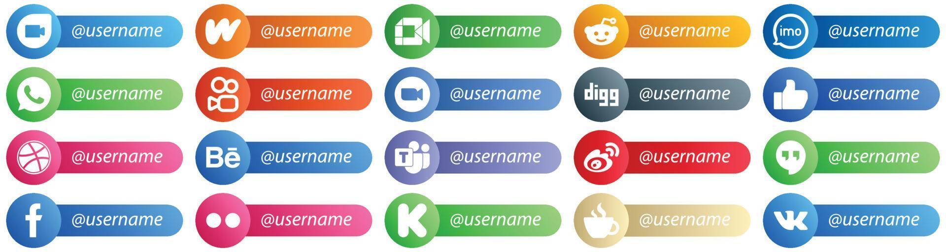 Följ mig social nätverk plattform ikoner med Användarnamn 20 packa sådan som digg. möte. audio. video och kuaishou ikoner. hög upplösning och fullt anpassningsbar vektor