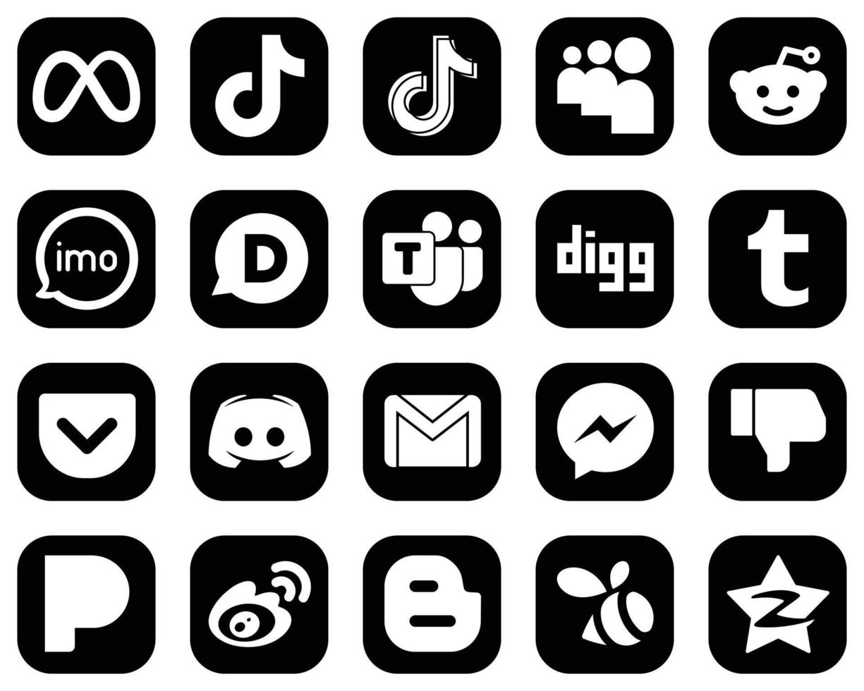 20 enkel vit social media ikoner på svart bakgrund sådan som tumblr. reddit och Microsoft team ikoner. fullt anpassningsbar och professionell vektor