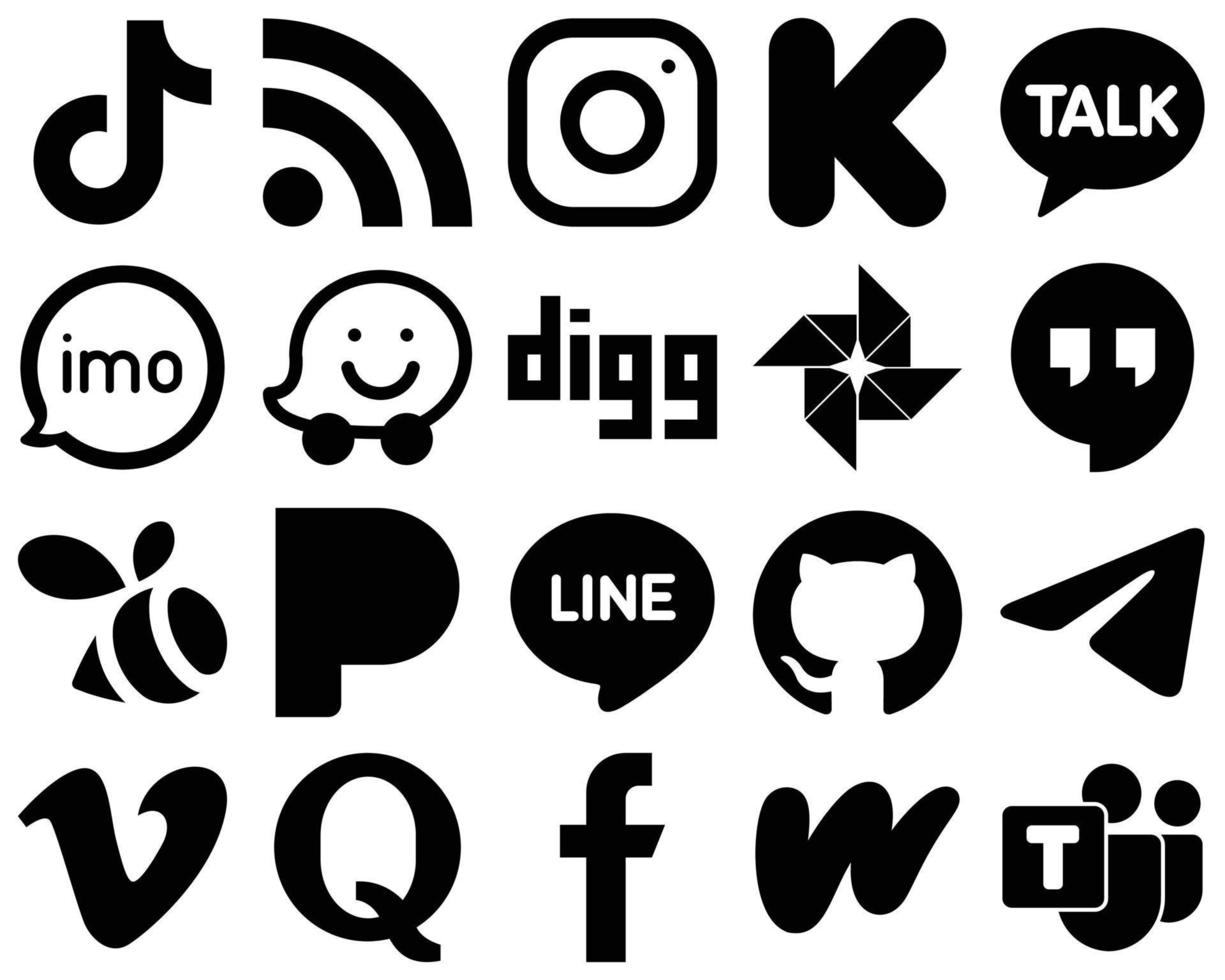 20 elegant svart fast social media ikoner sådan som waze. video. meta. audio och kakao prata ikoner. kreativ och iögonfallande vektor