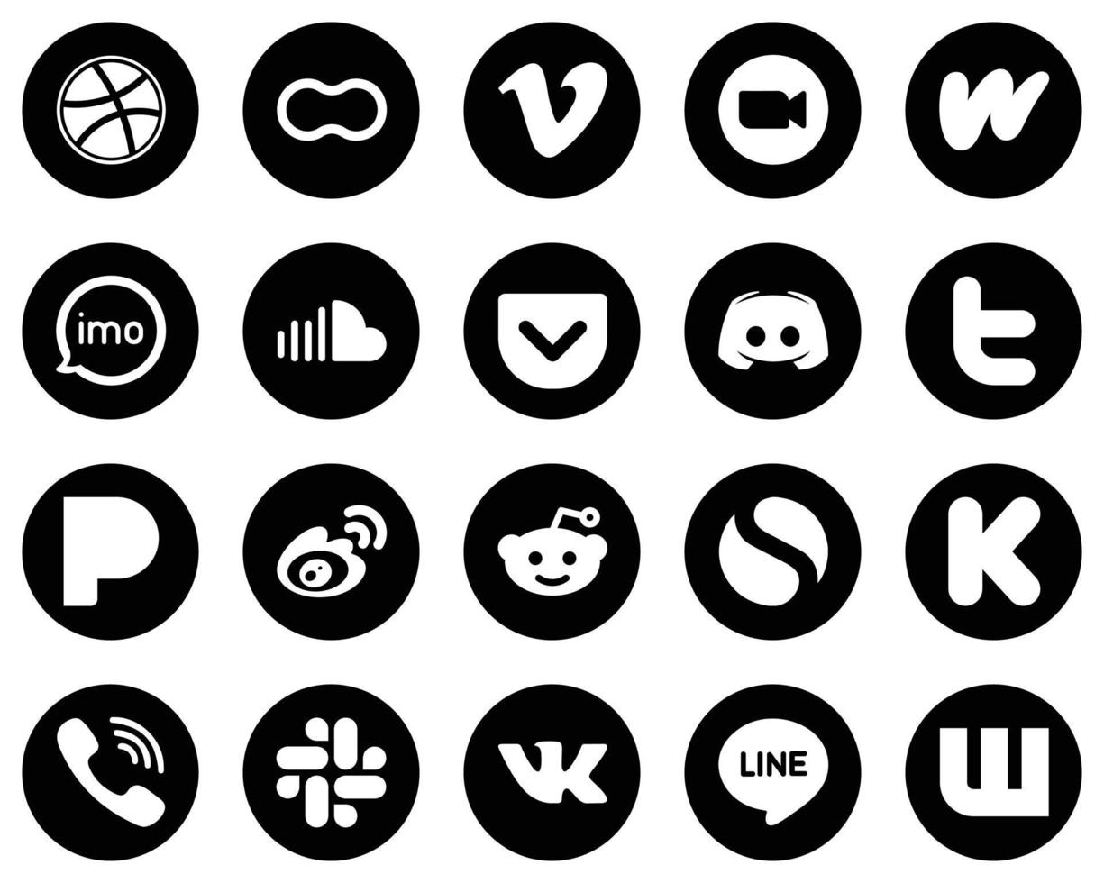 20 minimalistisk vit social media ikoner på svart bakgrund sådan som ljud. möte. video och imo ikoner. kreativ och hög upplösning vektor