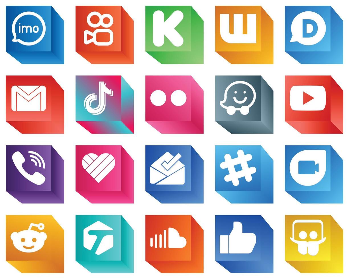 20 3D-Social-Media-Markensymbole wie flickr. China. disqus. Video- und Tiktok-Symbole. modern und hochwertig vektor
