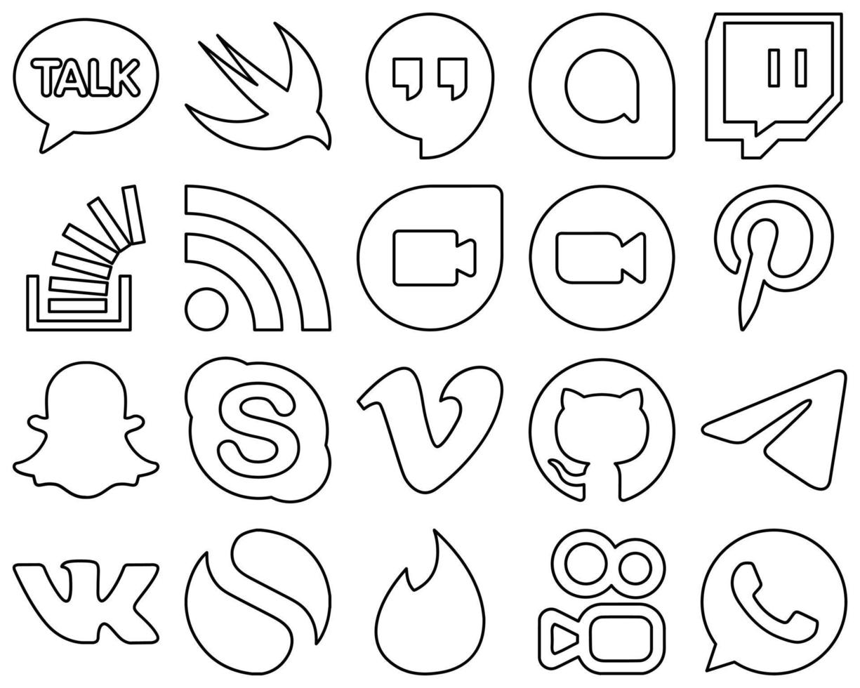20 professionelle und hochwertige Social-Media-Symbole mit schwarzen Linien wie Snapchat. Überlauf. Meeting- und Zoom-Symbole. hochwertig und kreativ vektor