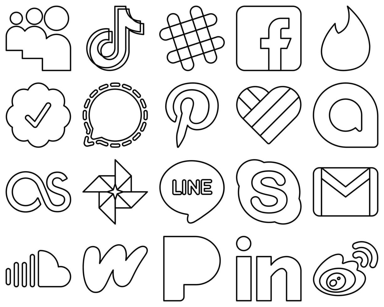 20 premie svart linje social media ikoner sådan som Google allo. Pinterest. fb och signal ikoner. kreativ och professionell vektor