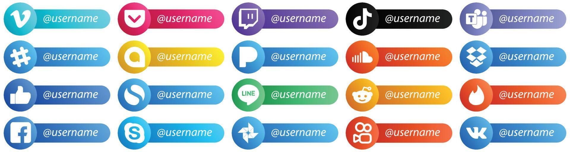 Follow Me Social Network Platform Card Style Icons 20 Pack wie Dropbox. Klang. soundcloud- und google allo-symbole. hohe Auflösung und vollständig anpassbar vektor