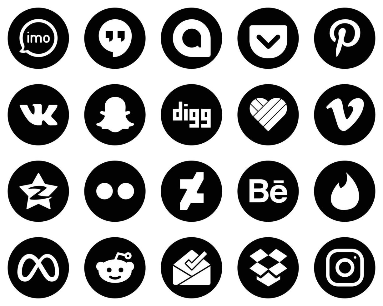 20 hochauflösende weiße Social-Media-Icons auf schwarzem Hintergrund wie flickr. zehn Cent. vk. qzone- und vimeo-symbole. vielseitig und professionell vektor
