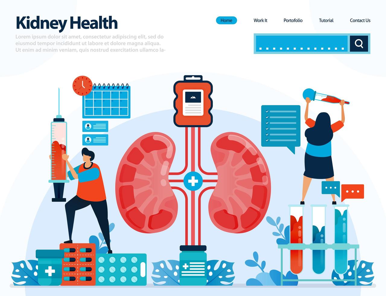 illustration för att kontrollera njurs hälsa. sjukdomar och störningar i njuren. kontroll och hantering av inre organ. designad för målsida, mall, ui ux, webbplats, mobilapp, flygblad, broschyr vektor