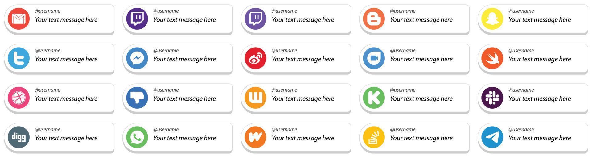 Social-Media-Plattform im Kartenstil Follow-me-Symbole mit benutzerdefinierter Nachrichtenoption 20-Paket wie Swift. twittern. Porzellan- und Weibo-Symbole. vollständig editierbar und einzigartig vektor