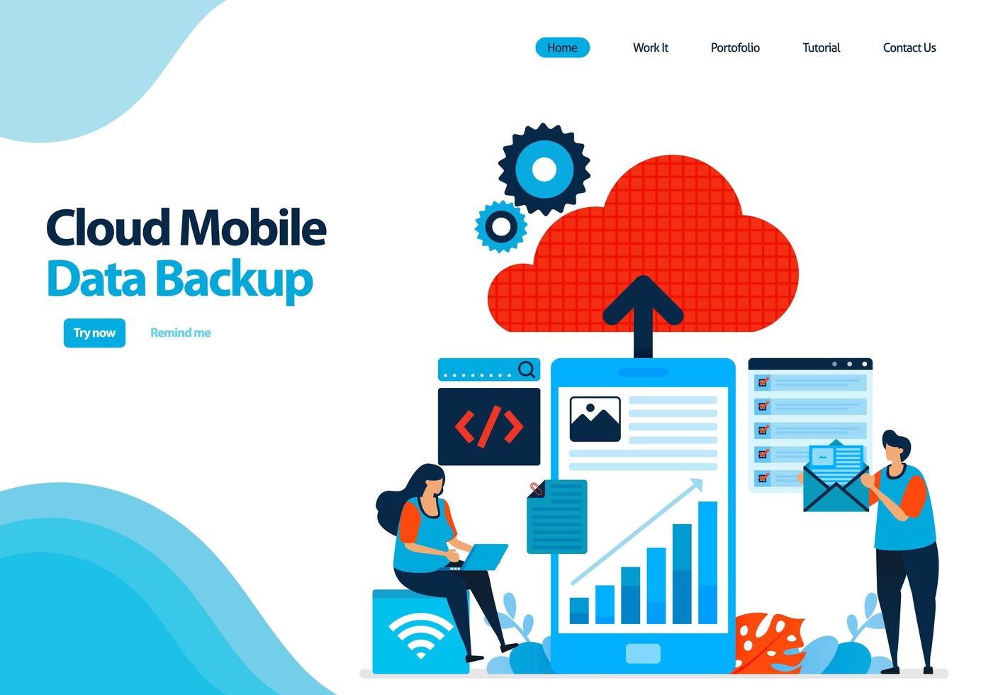 Zielseitenvorlage für mobile Backup-Arbeitsdaten und persönliche Dokumente für Cloud Computing. Mobile Online sicher mit Cloud-Technologie. Illustration für UIux, Website, Web, mobile Apps, Flyer, Anzeigen vektor