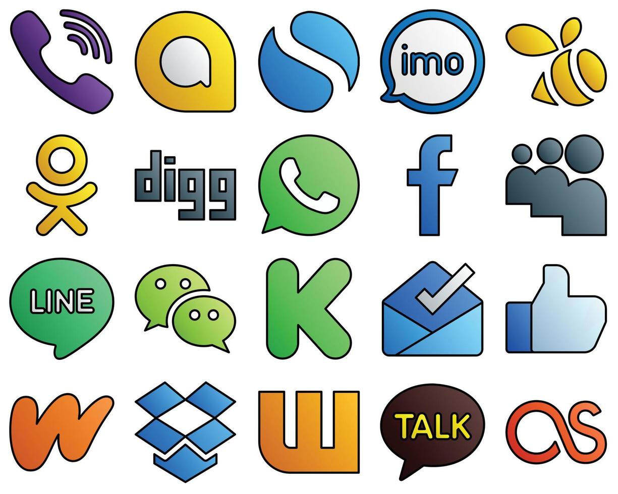 gefüllte Linienstil-Social-Media-Icon-Set-Linie. fb und whatsapp 20 stilvolle symbole vektor