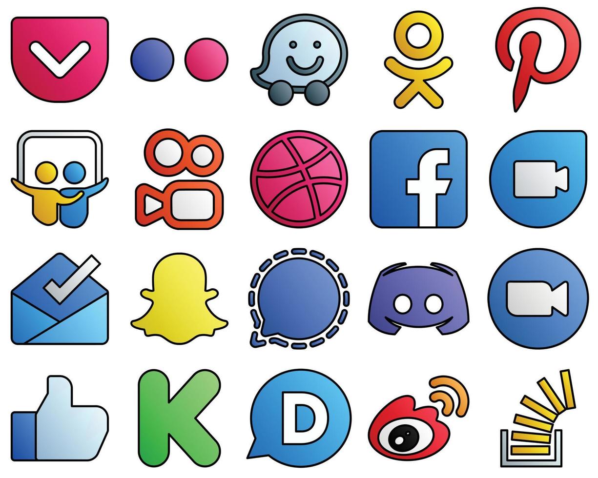 fylld linje stil social media ikon uppsättning signal. dribbla. snapchat och Google duo 20 professionell ikoner vektor