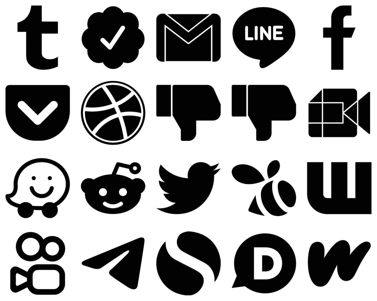 20 einzigartige schwarze solide Icon-Sets wie reddit. Video- und Facebook-Symbole. elegant und hochauflösend vektor