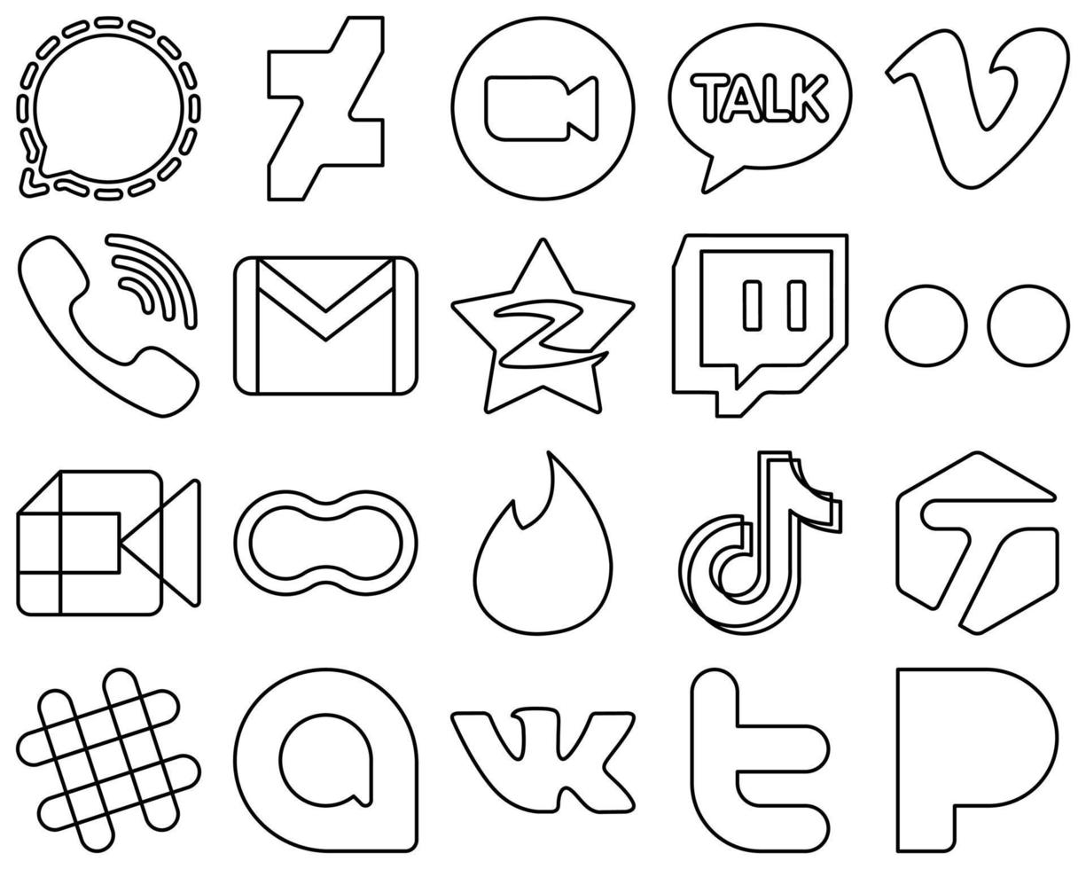 20 einzigartige schwarze Social-Media-Symbole wie qzone. Email. kakao sprechen. Google Mail- und Rakuten-Symbole. elegant und minimalistisch vektor