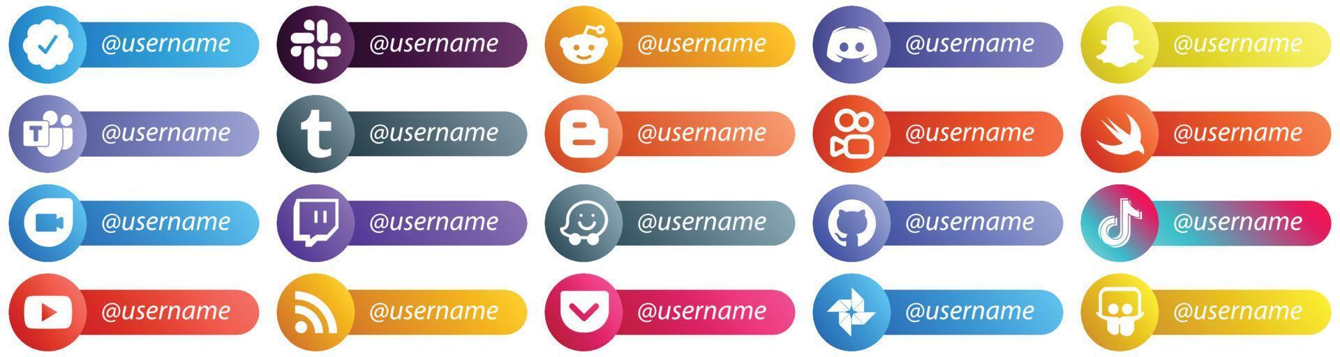 Följ mig social nätverk plattform kort stil ikoner 20 packa sådan som waze. Google duo. Microsoft team. snabb och blog ikoner. hög kvalitet och minimalistisk vektor