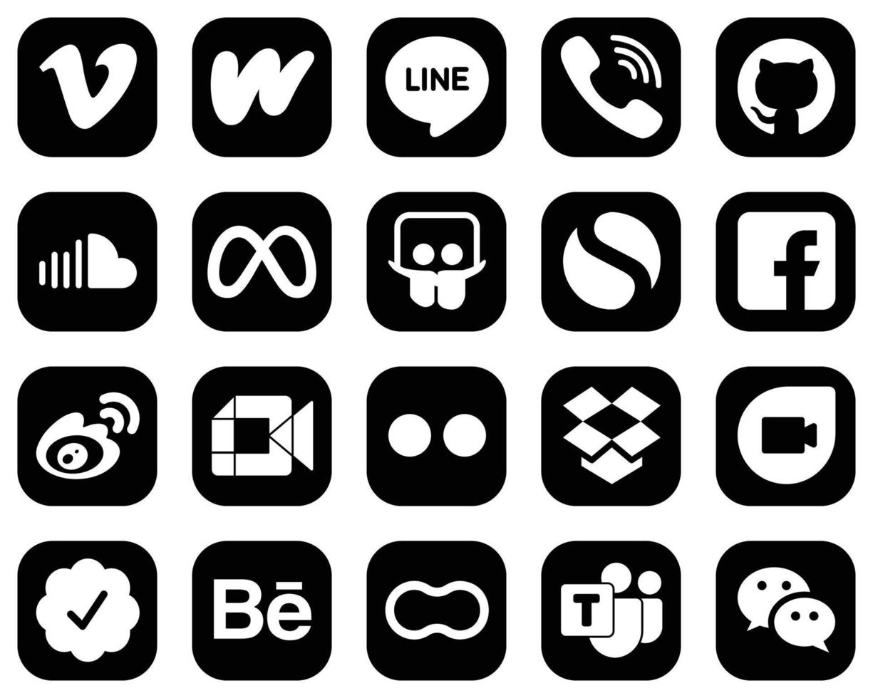 20 anpassbare weiße Social-Media-Symbole auf schwarzem Hintergrund wie fb. einfach. github. Slideshare- und Meta-Icons. vollständig anpassbar und hochwertig vektor