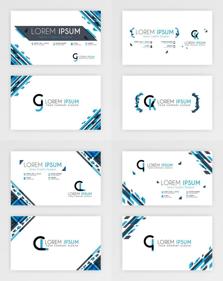blaue Visitenkartenvorlage. einfaches Ausweisdesign mit geometrischer Dekoration in der Ecke. für Unternehmen, Unternehmen, Beruf, Wirtschaft, Werbung, Öffentlichkeitsarbeit, Broschüre, Poster vektor