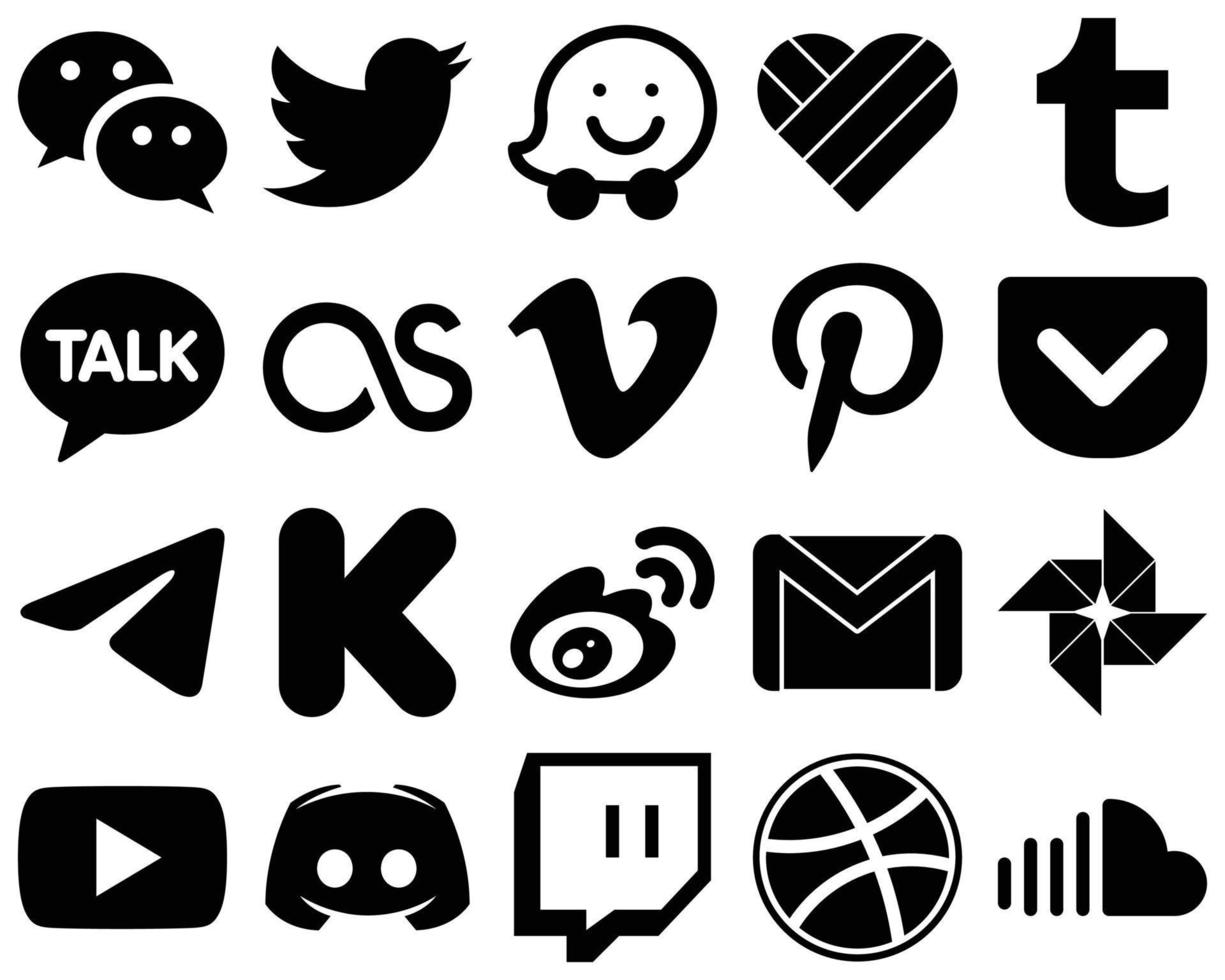20 einfache Social-Media-Symbole mit schwarzen Glyphen wie Finanzierung. letztes FM. Messenger- und Taschensymbole. vollständig anpassbar und professionell vektor