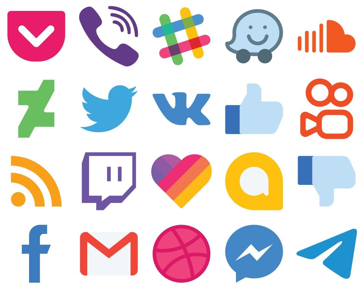 20 zeitgemäße und saubere flache Social-Media-Icons-Feeds. kuaishou. Musik. Facebook- und vk-Symbole. Farbverlauf-Icon-Pack vektor