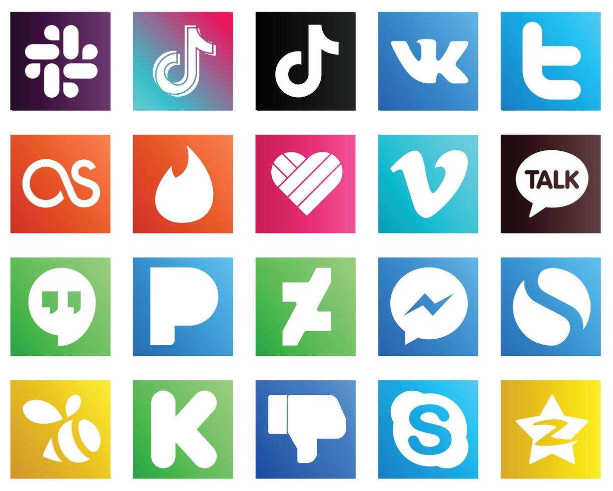 komplettes Social Media Icon Pack 20 Icons wie deviantart. Google-Hangouts. twittern. kakao talk und vimeo-symbole. hohe Auflösung und vollständig anpassbar vektor