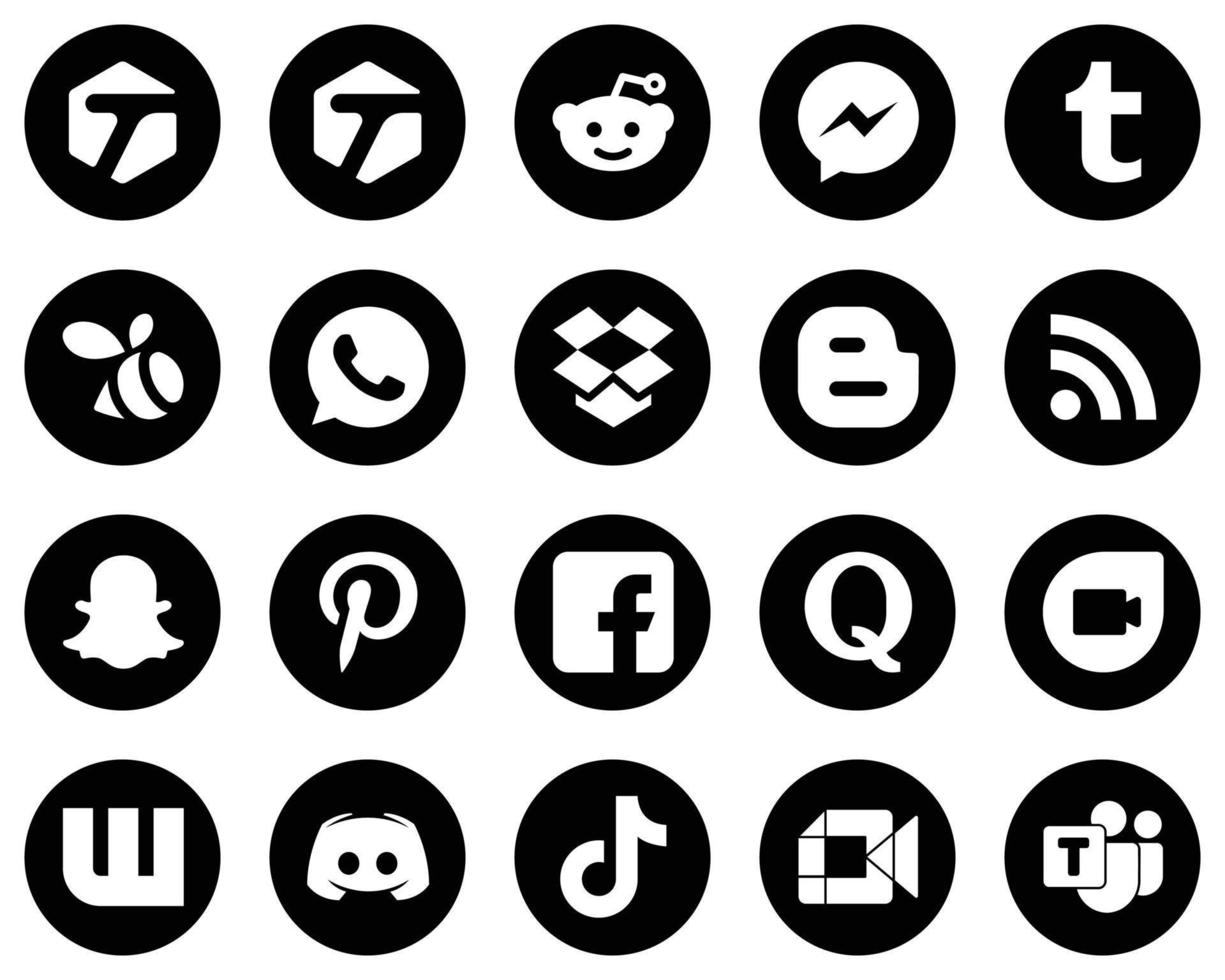 20 hochwertige weiße Social-Media-Icons auf schwarzem Hintergrund wie Facebook. Dropbox. Pinterest- und Feed-Symbole. elegant und einzigartig vektor