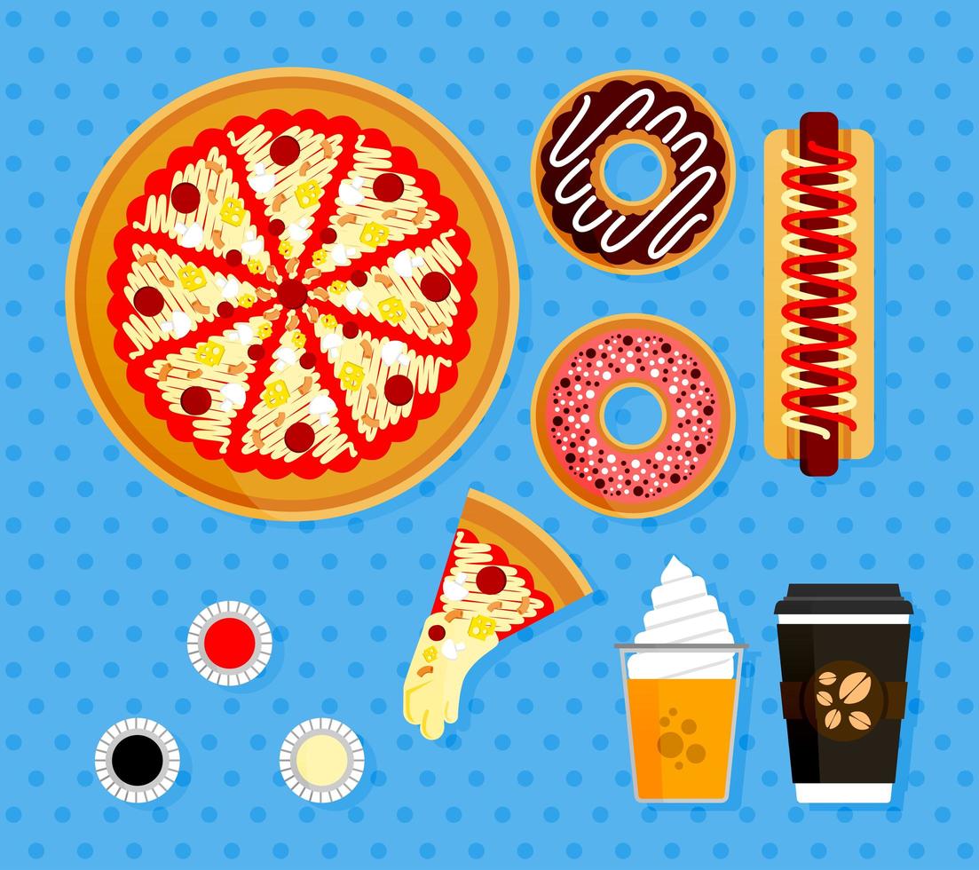 illustration uppsättning pizza beställningar på amerikanska snabbmatsrestauranger. affischelement av mat komplett med varmt kaffe, apelsinjuice med flytglass, skivor pizza med smält mozzarellaost vektor