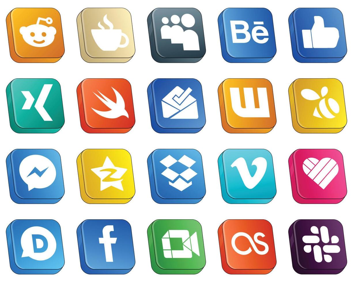 isometrisk 3d ikoner för större social media 20 packa sådan som tiocent. fb. xing. Facebook och svärm ikoner. rena och minimalistisk vektor