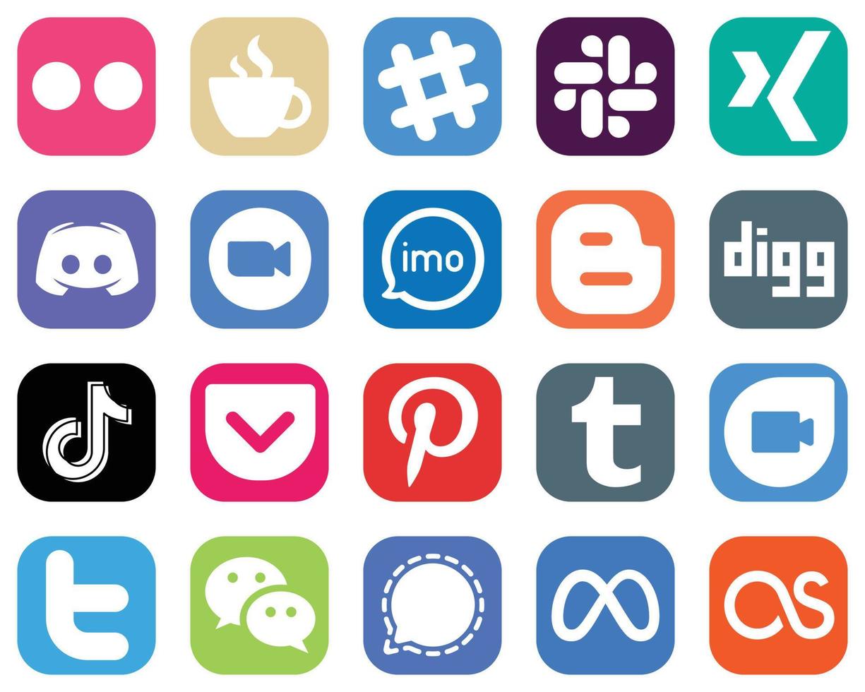 20 beliebte Social-Media-Symbole wie Audio. Zwietracht. Meeting- und Zoom-Symbole. Sammlung von Verlaufssymbolen vektor