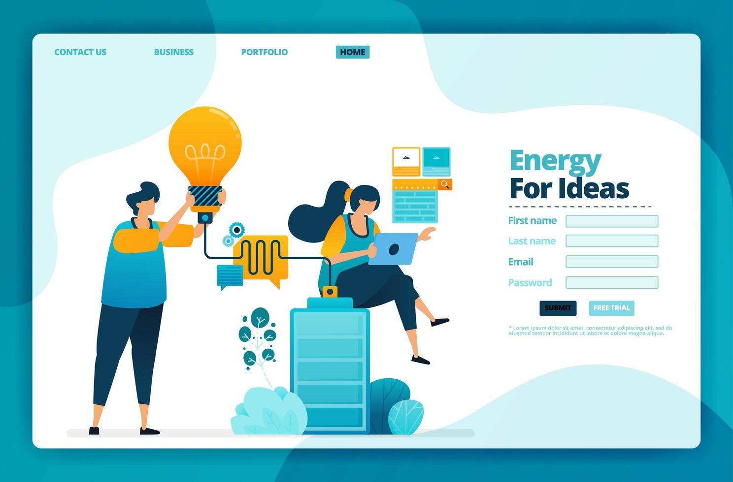 målsida vektor design av energi för idéer. design för webbplats, webb, banner, mobilappar, affisch, broschyr, mall, skylt, välkomstsida, marknadsföring, omslag, visitkort, annons