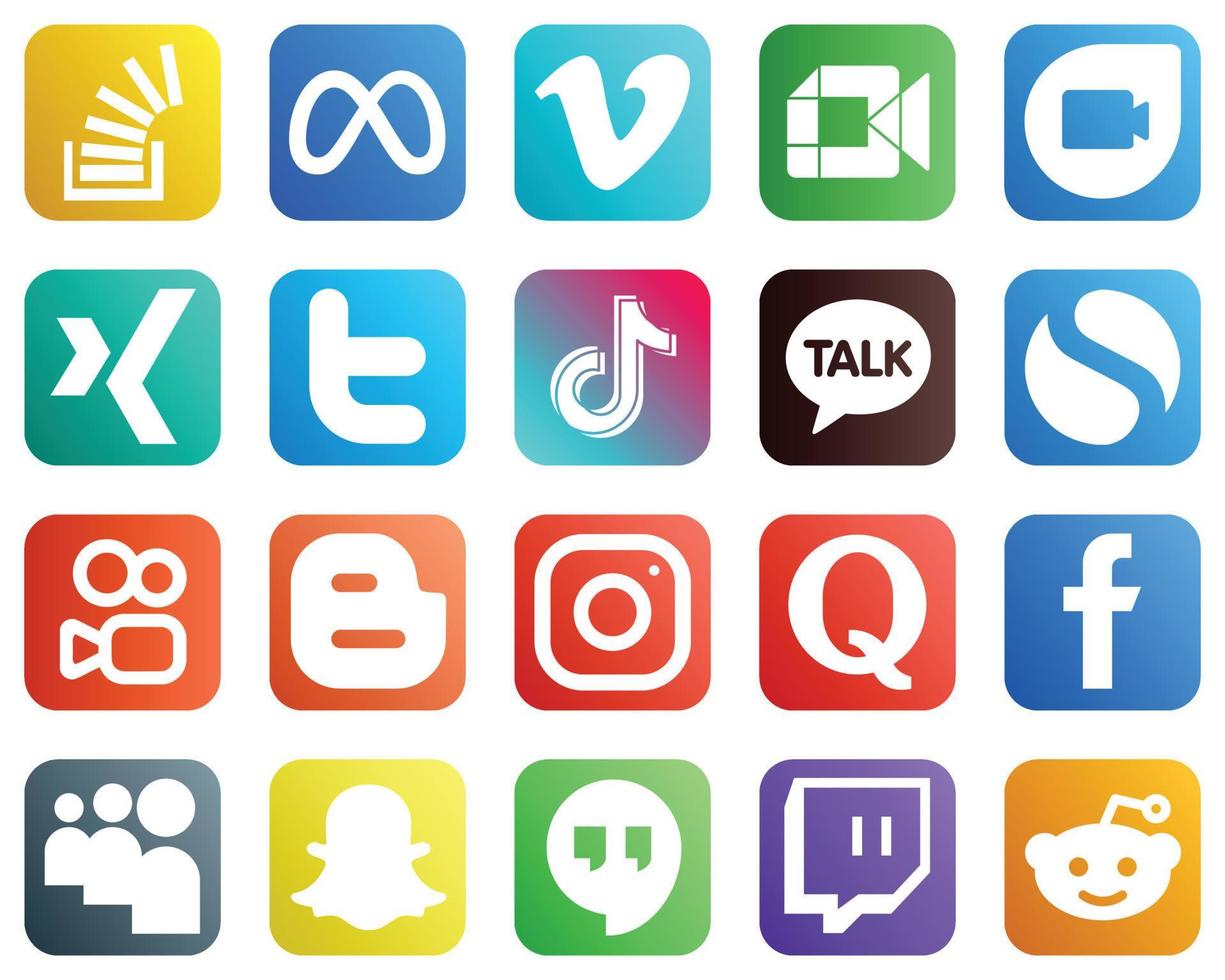 20 Social-Media-Icons für jede Plattform wie Video. Tick Tack. google treffen. Tweet- und Xing-Symbole. Hochauflösend und professionell vektor