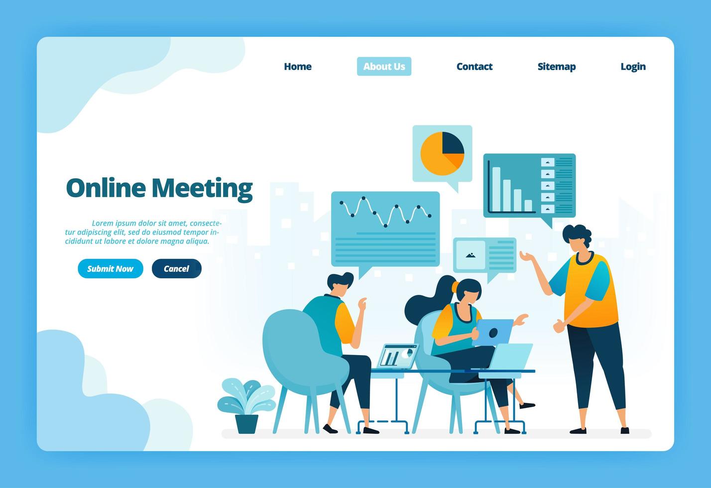 målsida för online-möte. affärsmöten och konferenser för planering av marknadsföringsstrategi. illustration av målsida, webbplats, mobilappar, affisch, flygblad vektor
