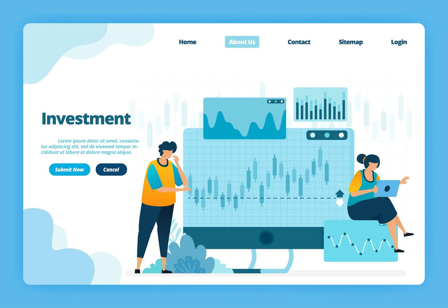 målsida för investering. forex för moderna investeringsalternativ med handel med valutor och råvaror. illustration av målsida, webbplats, mobilappar, affisch, flygblad vektor