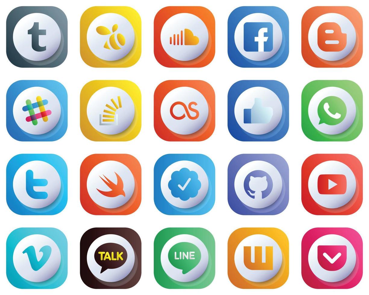 süße 3D-Gradienten-Icons von Top-Social-Media-20-Packs wie Facebook. letztes FM. Blogger. Überlauf- und Fragesymbole. Hochauflösend und professionell vektor