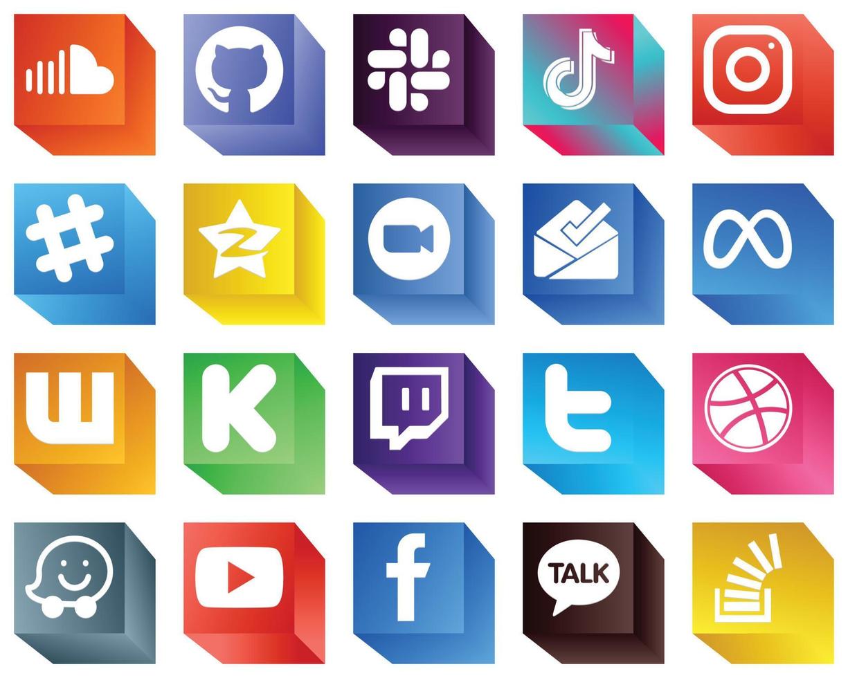 fullt redigerbar 3d social media ikoner 20 ikoner packa sådan som zoom. tiocent. Kina och qzone ikoner. kreativ och professionell vektor