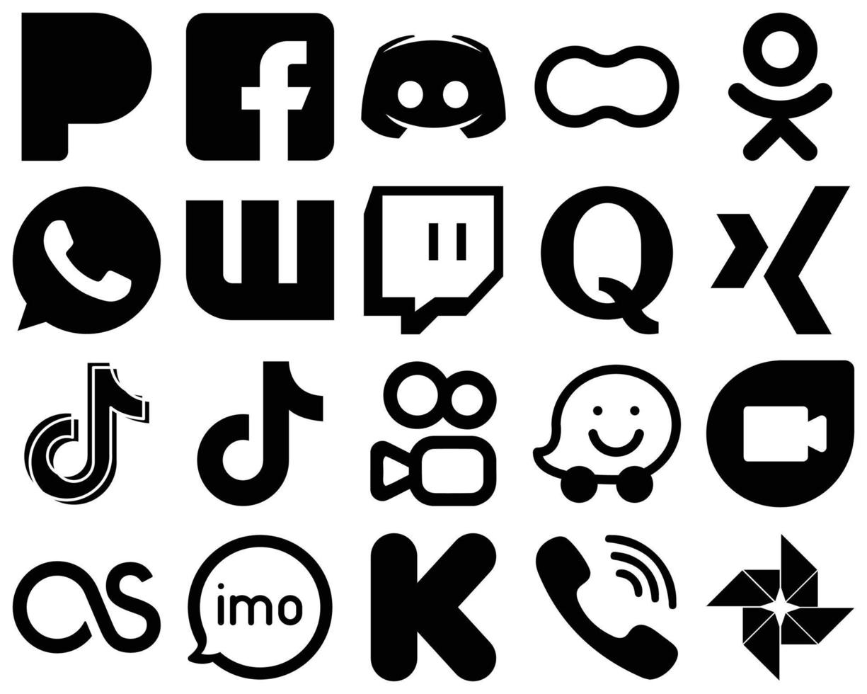20 hochwertige schwarze solide Icon-Sets wie xing. Quora. Erdnuss. Twitch- und WhatsApp-Symbole. vollständig editierbar und professionell vektor