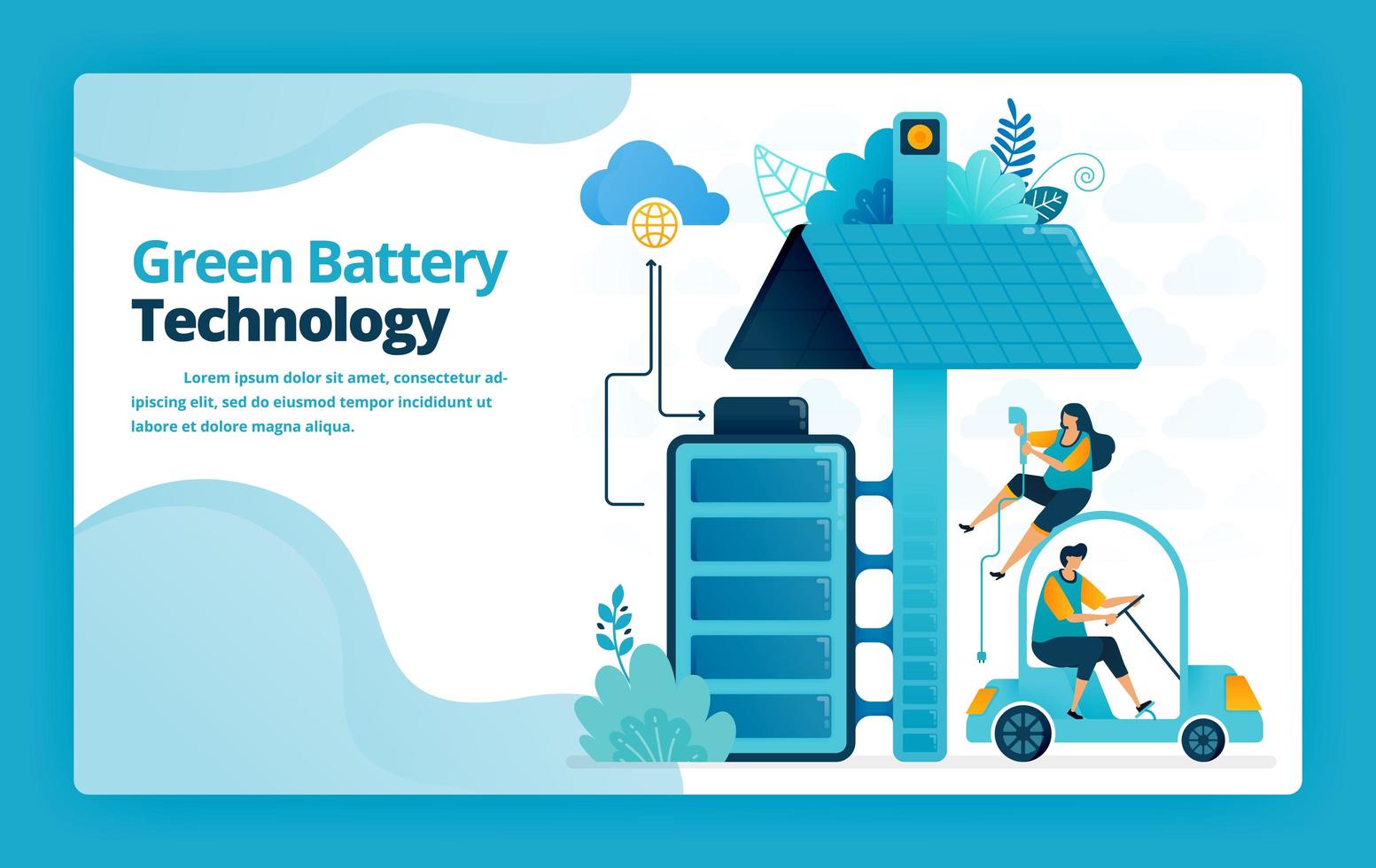 Vektorillustration der Landingpage von Batterieladestationen für mobile und Elektroautos mit Solarpanel-Technologie. Design für Website, Web, Banner, mobile Apps, Poster, Broschüre, Vorlage vektor