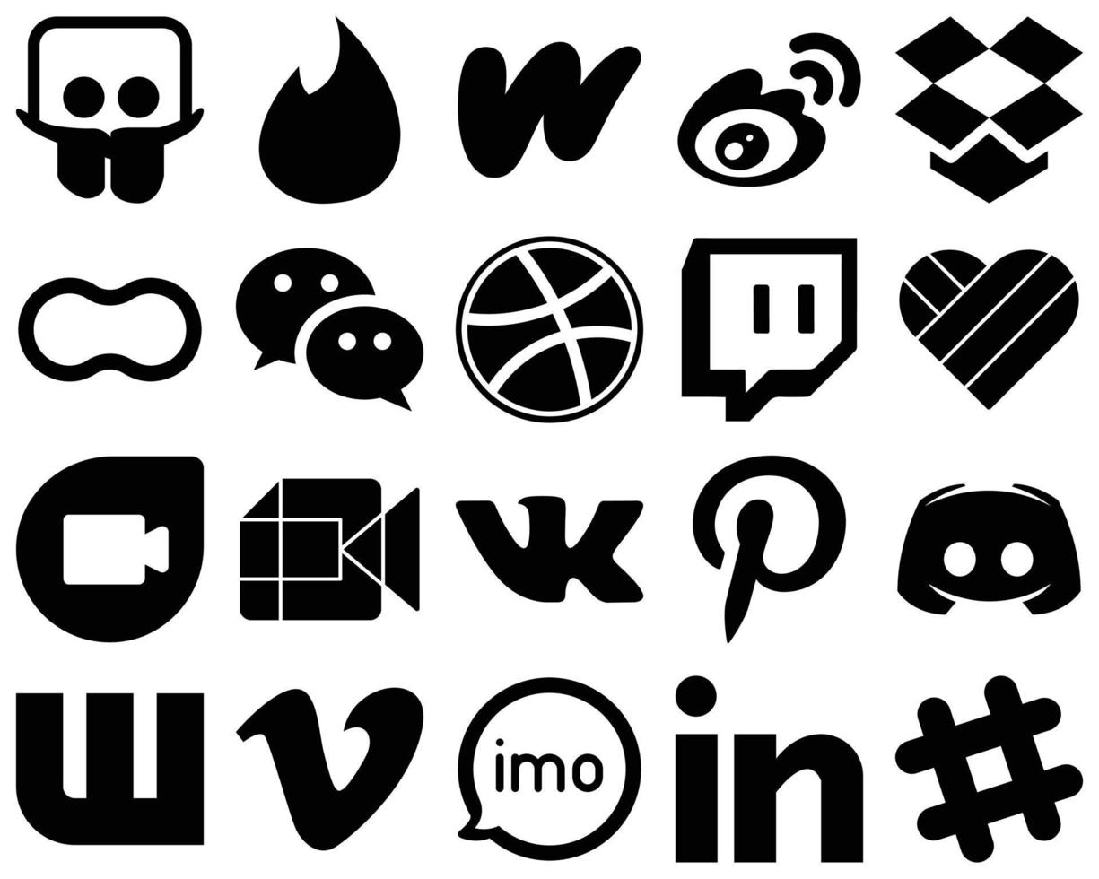 20 rena svart fast social media ikoner sådan som Google duo. rycka till. Dropbox. dribbble och wechat ikoner. mångsidig och hög kvalitet vektor