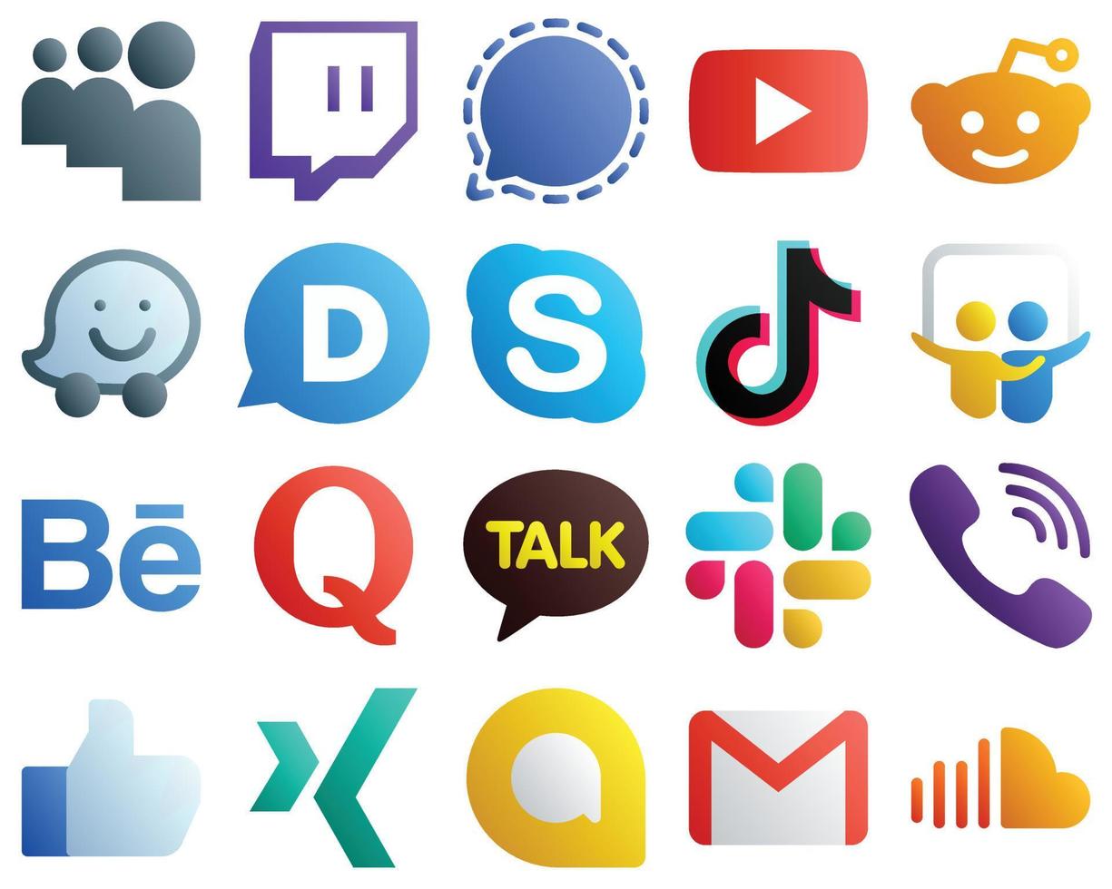 20 professionelle Social-Media-Icons mit Farbverlauf wie Slideshare. China. wackeln. Video- und Tiktok-Symbole. hochwertig und kreativ vektor