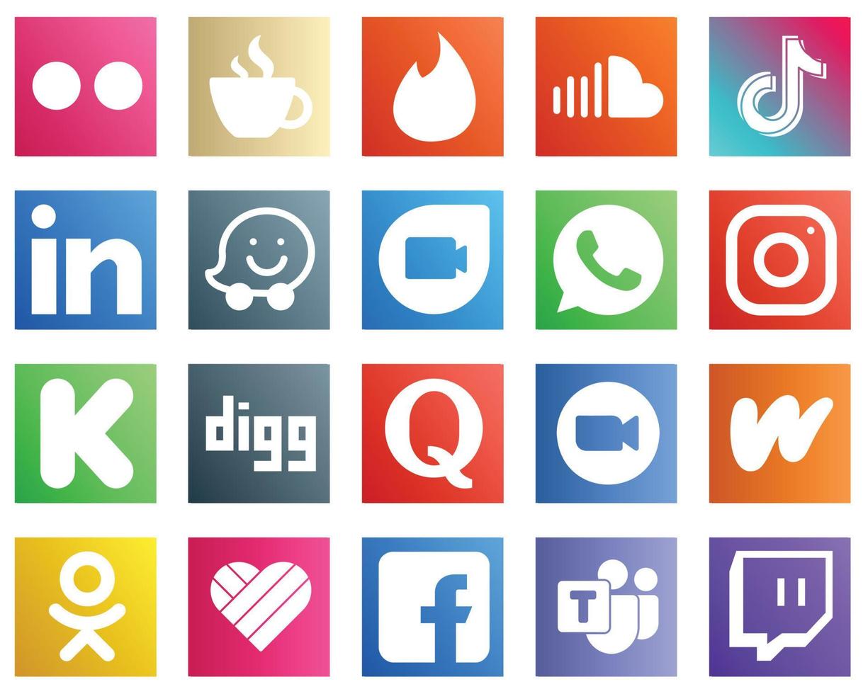 20 einzigartige Social-Media-Symbole wie Google Duo. Fachmann. Musik. linkedin und chinesische symbole. vielseitig und hochwertig vektor